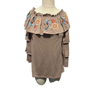 Umgee Embroidered Ruffle Off Shoulder Long Sleeve Ruffle Top Mocha Brown Size M